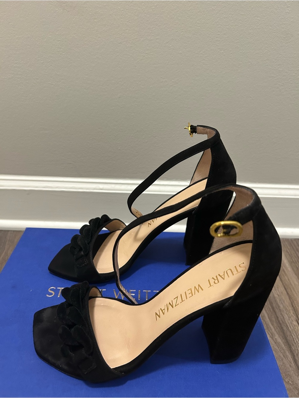 Stuart Weitzman Black Suede Heel Ankle Strap Sandals l Size 9 l Box Included
